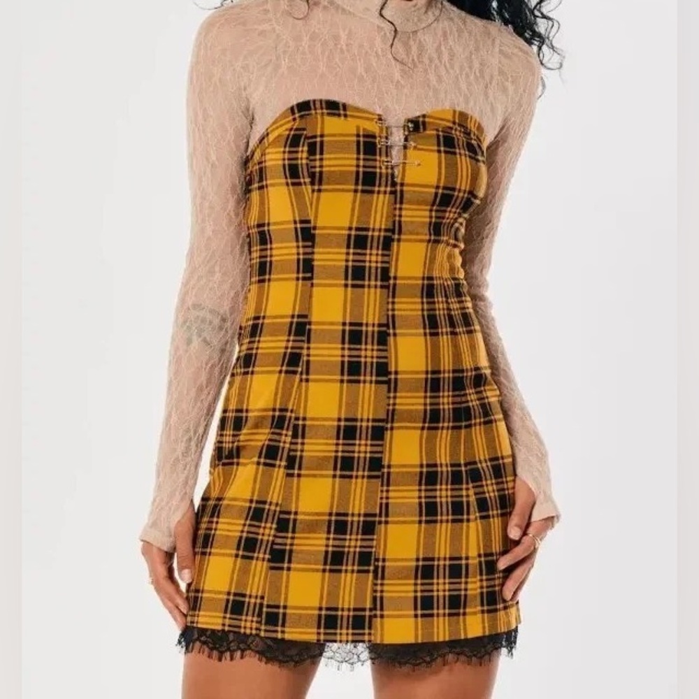 Yellow Plaid Strapless Dress with Black Lace Trim